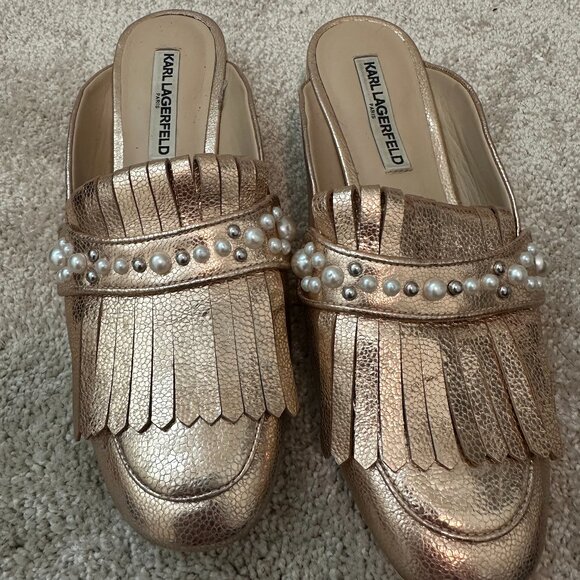 Karl Lagerfeld Rose Gold Pearl Loafer Mules - Picture 1 of 2